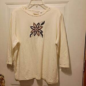Alfred Dunner Cream Floral Embellished Long Sleeve Top